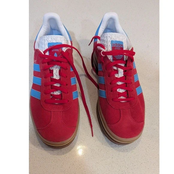 Adidas Gazelle Bold Platform Sneakers Women Red Blue Suede Gum Sole 'Like New' - Picture 6 of 12